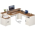 thumbnail image 1 of 63" Farmhouse L Shaped Executive Desk with Drawers & Storage Shelf, Corner Computer Desk with Power Outlets, L Shaped Office Desk with Monitor Stand, Printer Shelf, Antique White, 1 of 9