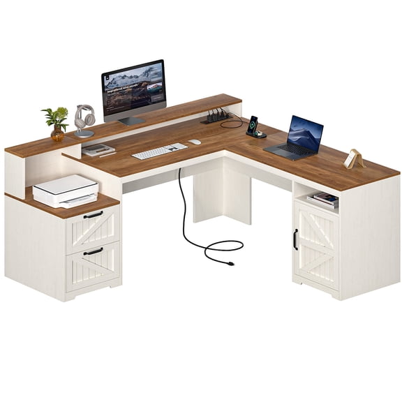 63" Farmhouse L Shaped Executive Desk with Drawers & Storage Shelf, Corner Computer Desk with Power Outlets, L Shaped Office Desk with Monitor Stand, Printer Shelf, Antique White