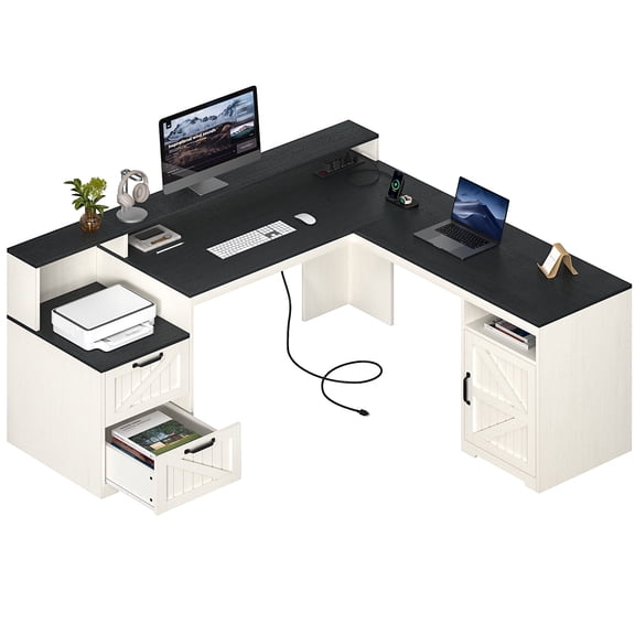 63" Farmhouse L Shaped Executive Desk with Drawers & Storage Shelf, Corner Computer Desk with Power Outlets, L Shaped Office Desk with Monitor Stand, Printer Shelf, Black and White