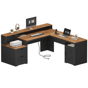 63" Farmhouse L Shaped Executive Desk with Drawers & Storage Shelf, Corner Computer Desk with Power Outlets, L Shaped Office Desk with Monitor Stand, Printer Shelf, Brown and Black