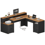 63 Farmhouse L Shaped Executive Desk with Drawers & Storage Shelf, Corner Computer Desk with Power Outlets, L Shaped Office Desk with Monitor Stand, Printer Shelf, Brown and Black