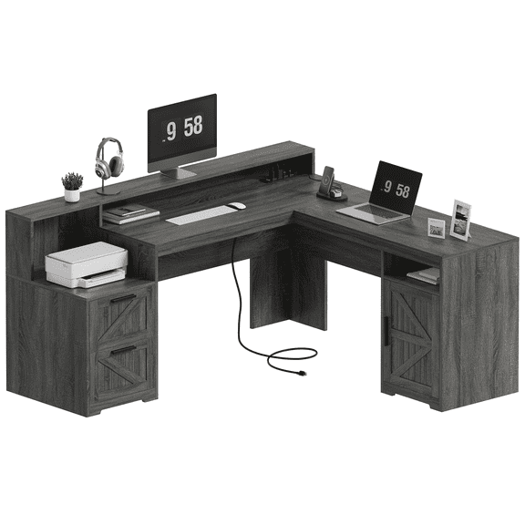 63" Farmhouse L Shaped Executive Desk with Drawers & Storage Shelf, Corner Computer Desk with Power Outlets, L Shaped Office Desk with Monitor Stand, Printer Shelf, Dark Gray