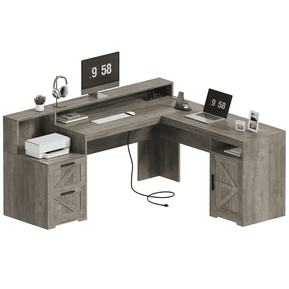 63" Farmhouse L Shaped Executive Desk with Drawers & Storage Shelf, Corner Computer Desk with Power Outlets, L Shaped Office Desk with Monitor Stand, Printer Shelf, Gray