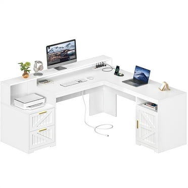 63" Farmhouse L Shaped Executive Desk with Drawers & Storage Shelf, Corner Computer Desk with Power Outlets, L Shaped Office Desk with Monitor Stand, Printer Shelf, White