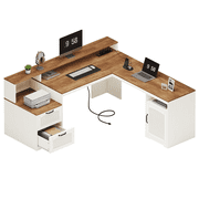 63" Farmhouse L Shaped Executive Desk with Drawers & Storage Shelf, Corner Fluted Computer Desk with Power Outlets, L Shaped Office Desk with Monitor Stand, Printer Shelf