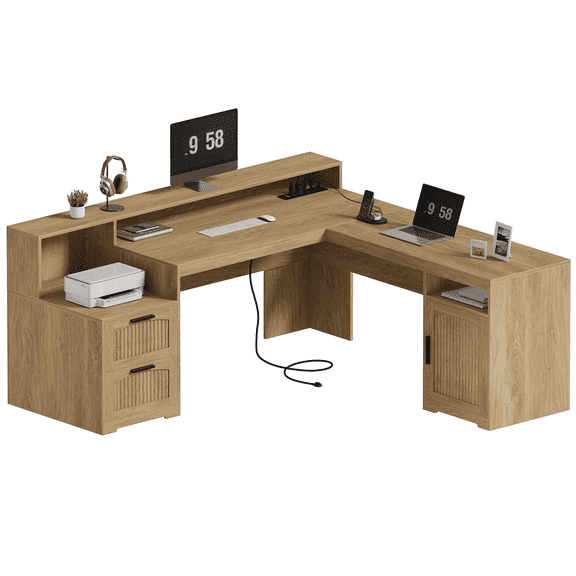 63" Farmhouse L Shaped Executive Desk with Drawers & Storage Shelf, Corner Fluted Computer Desk with Power Outlets, L Shaped Office Desk with Monitor Stand, Printer Shelf, Oak