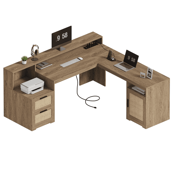 63" Farmhouse L Shaped Executive Desk with Drawers & Storage Shelf, Corner Rattan Computer Desk with Power Outlets, L Shaped Office Desk with Monitor Stand, Printer Shelf
