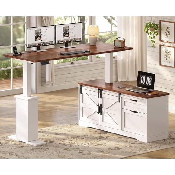 63" Farmhouse L Shaped Executive Standing Desk with Storage Drawers, Height Adjustable Large Office Desk