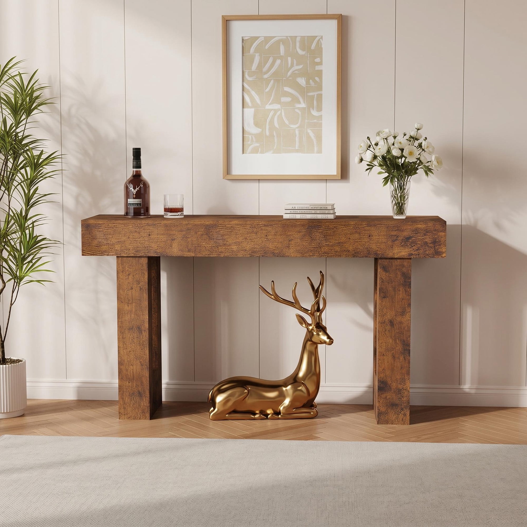 63" Farmhouse Minimalist Console Table Rustic Entryway Sofa Table for Living Room Hallway, Wood Accent Furniture for Small Space Storage, Brown