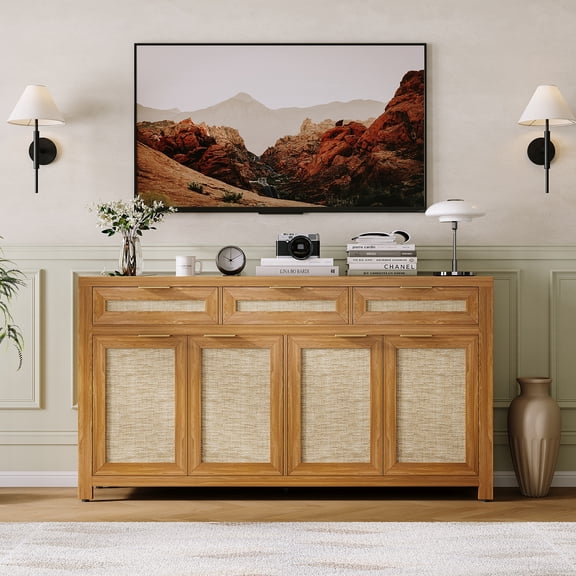 63" Farmhouse Rattan Sideboard Buffet Cabinet – 4 Doors, 3 Drawers & Adjustable Shelves – Spacious Storage Credenza for Dining Room, Kitchen & Entryway