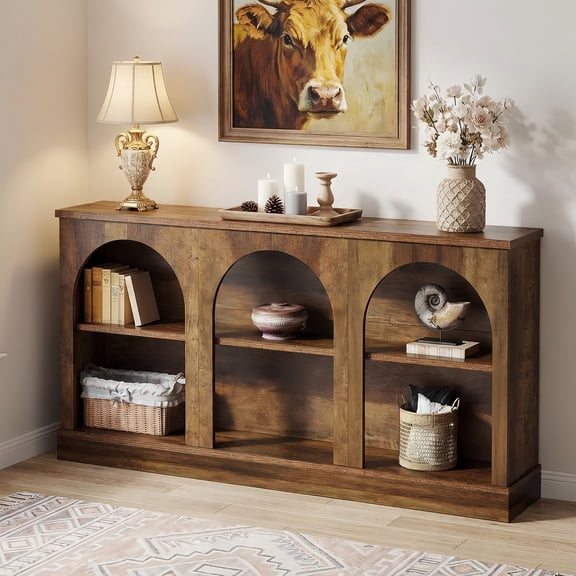 63" Farmhouse Rustic Console Table, 3 Tier Storage Wooden Entryway Table, Rectangular Behind Sofa Table for Hallway & Living Room (Brown)