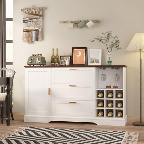63" Farmhouse Sideboard Buffet with 3 Drawers&1 Storage Cabinet,Coffee Bar Cabinet with Adjustable Shelves& Wine Racks,Large Sideboard Storage Cabinet for Kitchen, Dining Room, Entryway