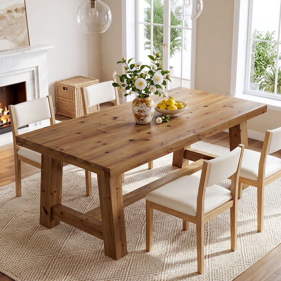 63" Farmhouse Solid Wood Dining Table for 4-6, Rectangular Kitchen Table with Thick Wood Top & Sturdy Trestle Frame for Dining Room or Living Space