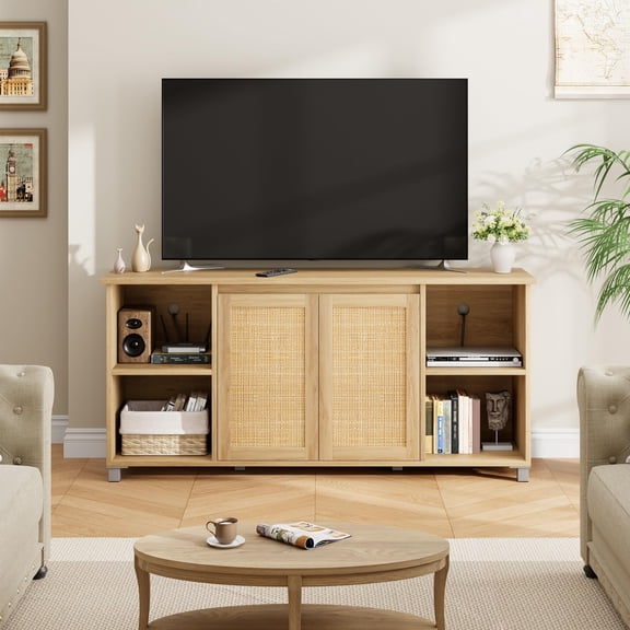 63" Farmhouse TV Cabinet with Rattan Design  Wooden TV Stand, Large Entertainment Center with Storage Shelves  Space-Saving Media Console for Bedroom & Living Room