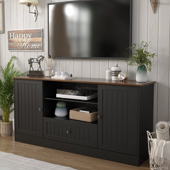 63 in Farmhouse TV Stand for TVs up to 70 Inch, Modern Entertainment Center with Storage Drawer and Open Shelves, Shaker Door TV Console Media Cabinet for Living Room, Bedroom, Black