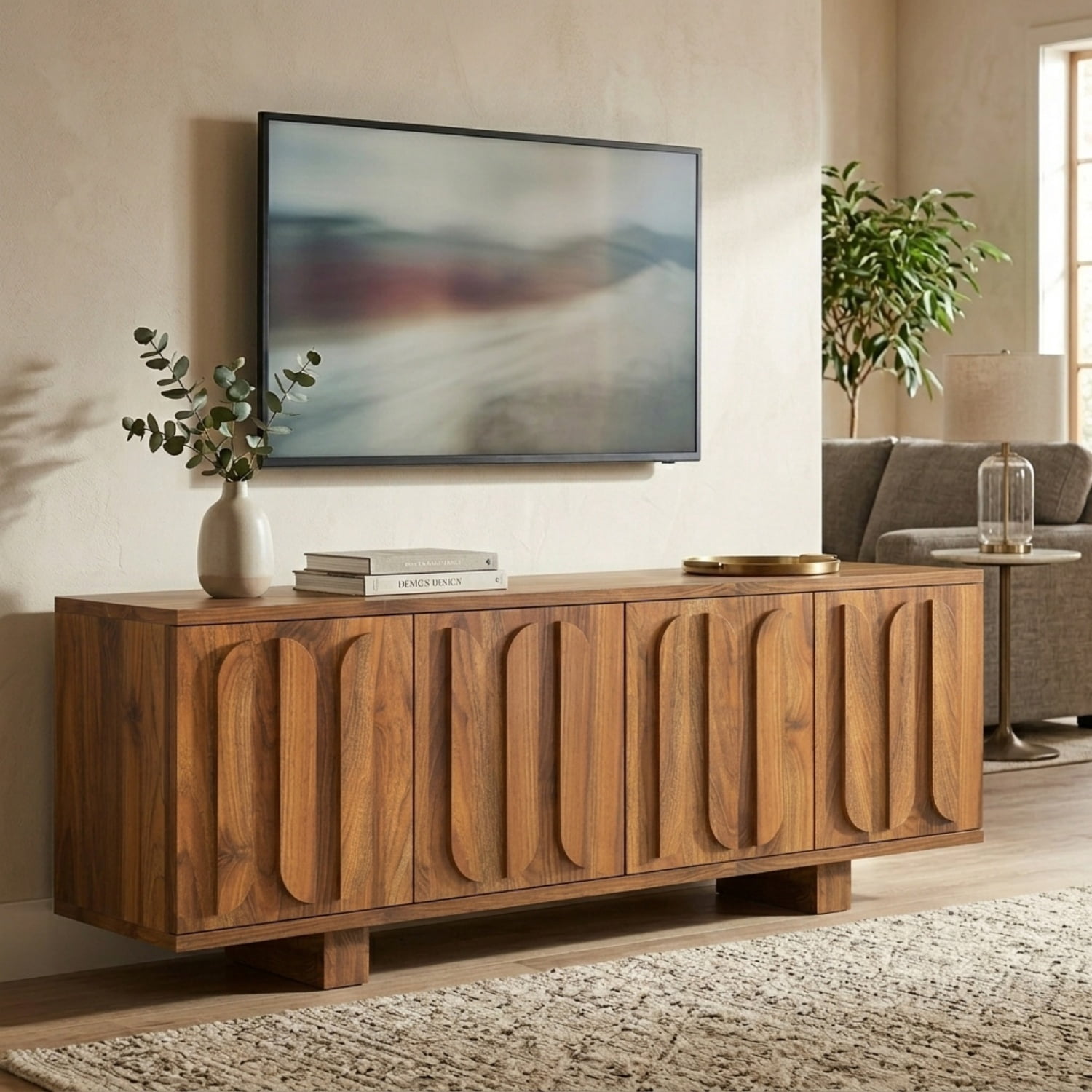 63" Farmhouse TV Stand for TVs up to 75 Inches, Modern Storage Media Console with Adjustable Shelves & 3 Cable Holes, Wood Decorative Handle Entertainment Center Cabinet for Living Room