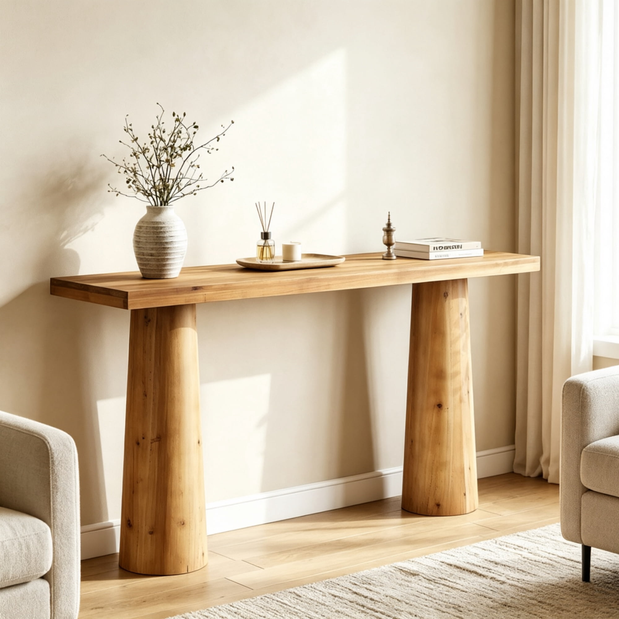 63" Farmhouse Wood Console Table with Cylindrical Legs