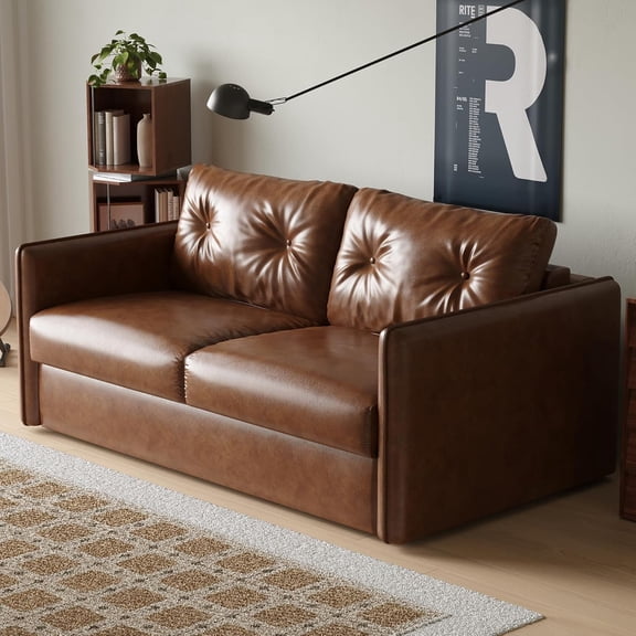 63" Faux Leather Convertible Sofa Bed, Pull-Out Loveseat Sofa with Metal Frame and High-Density Foam, Space-Saving Sleeper Couch for Living Room Brown