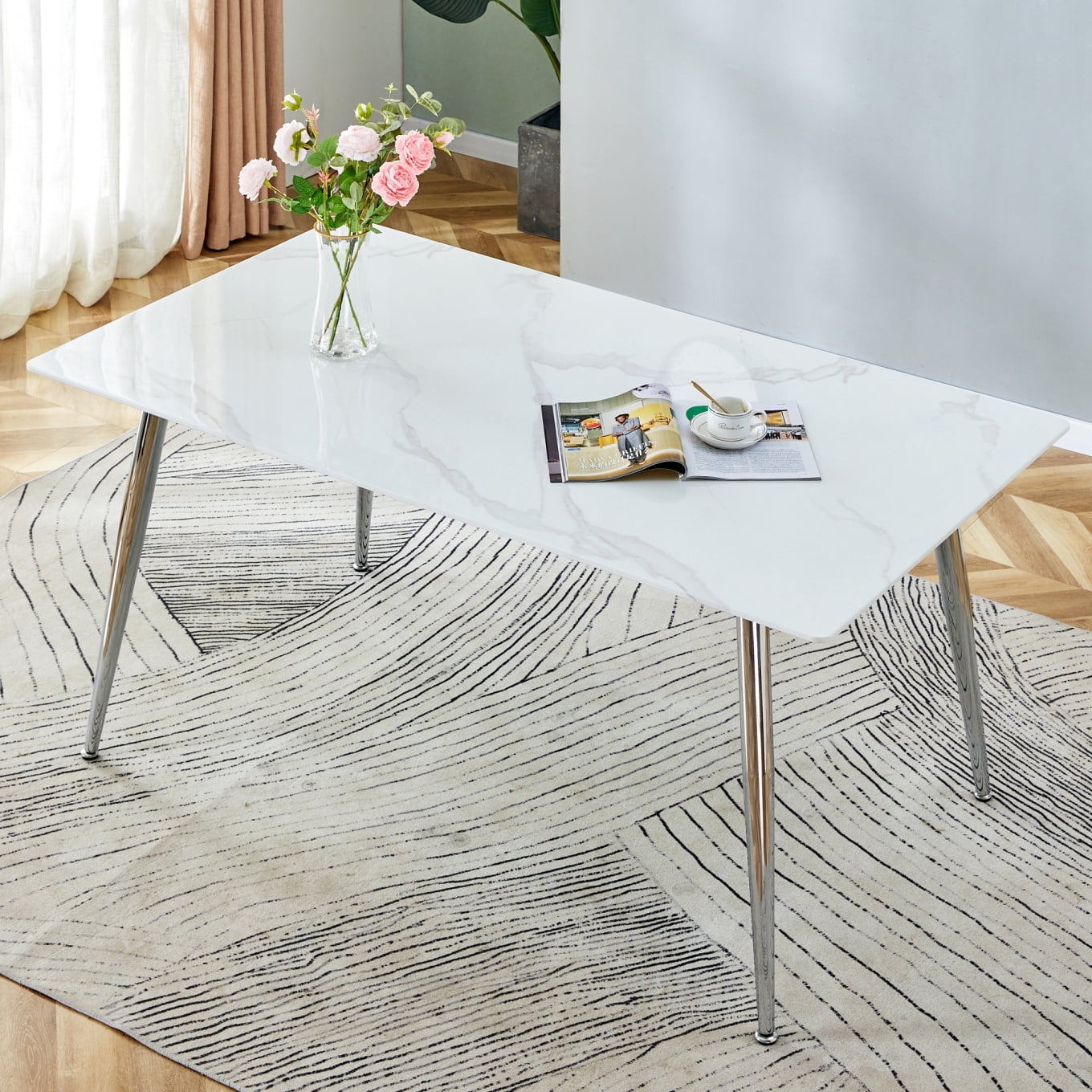 63" Faux Marble Dining Table for 4-6 People, Modern Rectangular White ...
