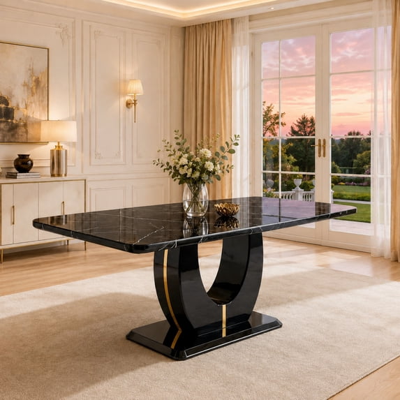 63" Faux Marble Dining Table for 6 ,Sudica Faux Marble Dining Room MDF Table with U-Shaped Bracket Support, Black