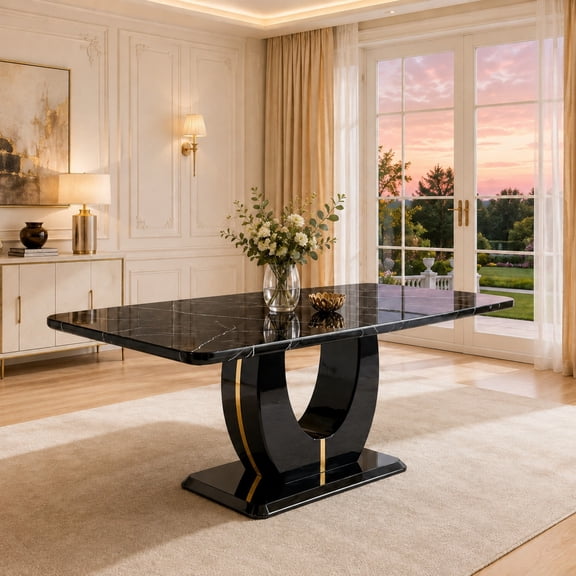 63" Faux Marble Dining Table for 6 ,Sudica Faux Marble Dining Room MDF Table with U-Shaped Bracket Support, Black