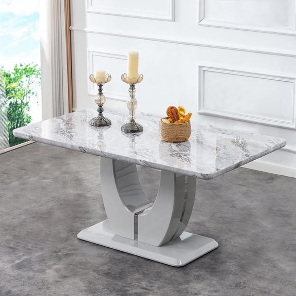 SUDICA 63" Rectangular Gray Faux Marble Dining Table, Glossy MDF Top with U-Shaped Base for Dining Room Kitchen