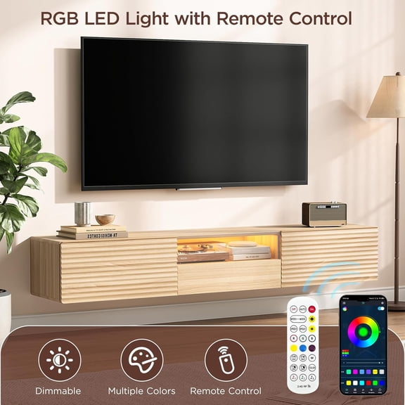 63" Floating TV Stand for TVs up to 75", Fluted Entertainment Center with Remote Control for LED Lights, Wall Mounted Shelf, Mid-Century Modern TV Console w/Glass Door for Living Room (Oak)