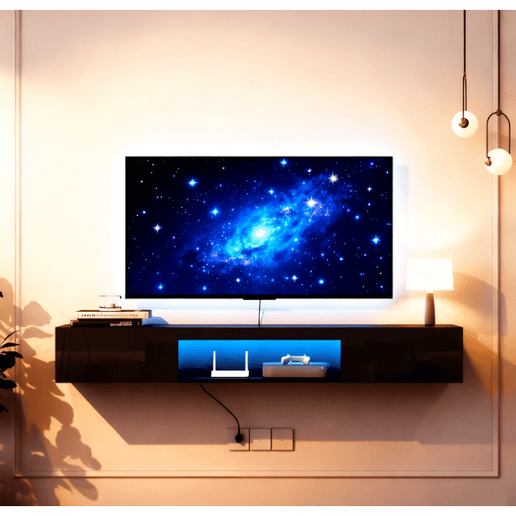 63" Floating TV Stand, Wall Mounted TV Shlef with 16-Color LED Lights, High Gloss Modern Entertainment Center, Media Console Cabinet for 55-69 Inch TV, Black