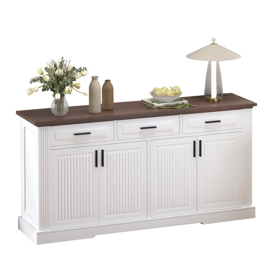 63'' Fluted Buffet Cabinet, Coffee Bar Cabinet with 4 Doors and 3 Drawers, Adjustable Shelves, Sideboard Storage Cupboard Wood Buffet Table for Kitchen, Dining Room