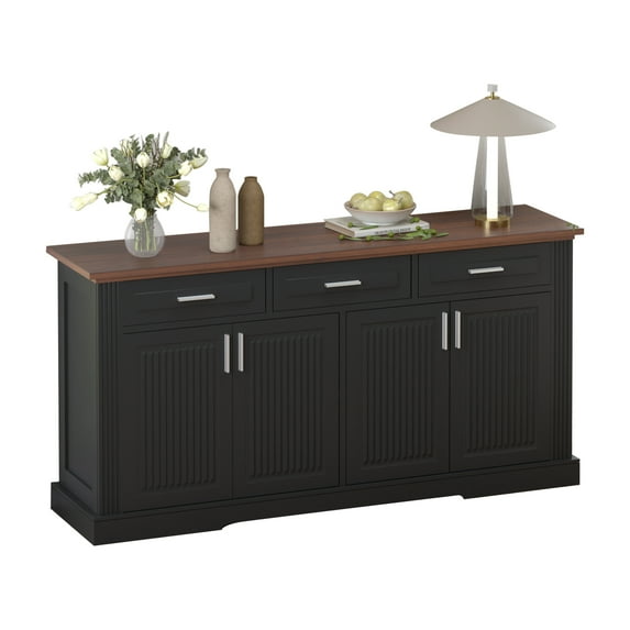 63'' Fluted Buffet Cabinet, Coffee Bar Cabinet with 4 Doors and 3 Drawers, Adjustable Shelves, Sideboard Storage Cupboard Wood Buffet Table for Kitchen, Dining Room
