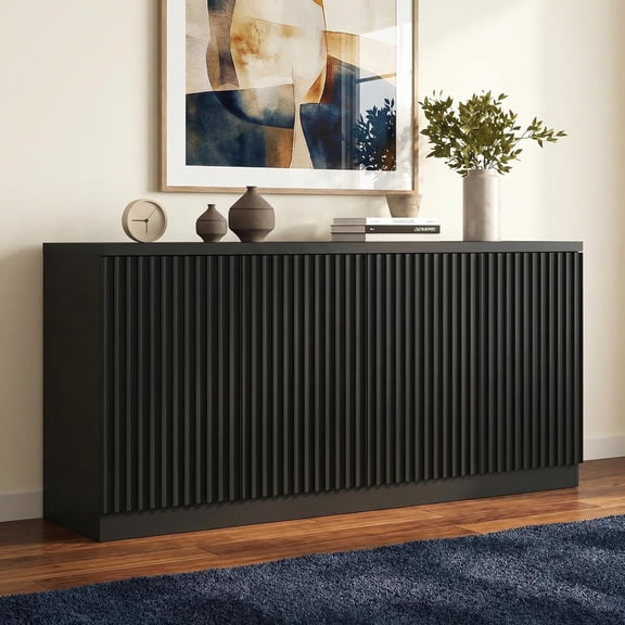 63" Fluted Buffet Sideboard Cabinet with Storage, Wooden 4-Door Sideboard with Adjustable Shelves, Coffee Bar Table for Kitchen, Living Room, Entryway, Black