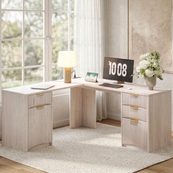 63'' Fluted L Shaped Desk with Drawers, Corner Computer Desk with Storage, Modern Executive Home Office Desk with File Cabinet and Charging Station, White Alder