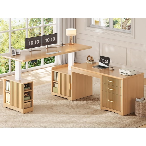 63" Fluted L Shaped Electric Standing Desk with 3 Drawers and Storage Shelves, Farmhouse Executive Desk, Height Adjustable Home Office Desk