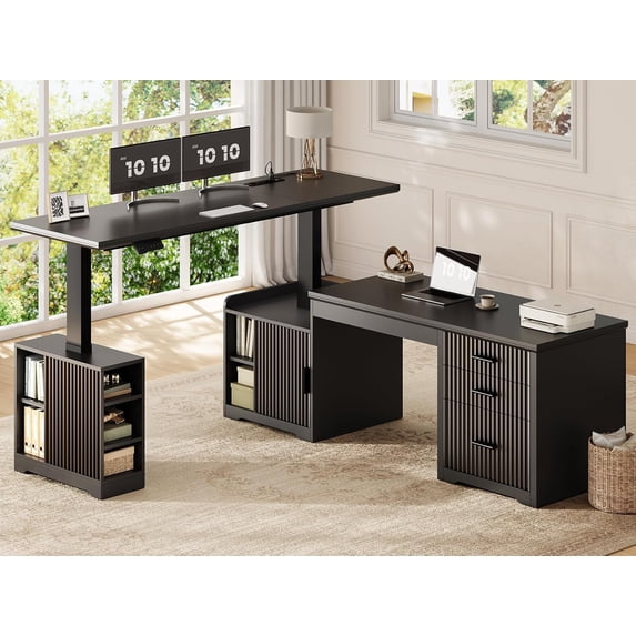 63" Fluted L Shaped Electric Standing Desk with 3 Drawers and Storage Shelves, Farmhouse Executive Desk, Height Adjustable Home Office Desk