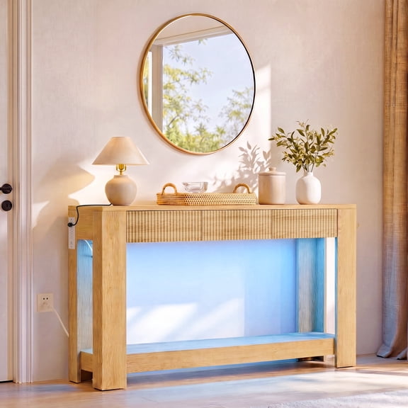 63" Fluted Multifunctional Console Table | Built-in Charging Station + RGB Ambient Lights, with 3 Drawers & Side Hooks, Narrow Design for Entryway / Hallway / Behind Couch - Natural Oak