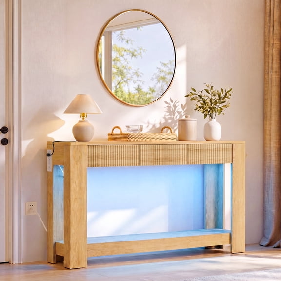 63" Fluted Multifunctional Console Table | Built-in Charging Station + RGB Ambient Lights, with 3 Drawers & Side Hooks, Narrow Design for Entryway / Hallway / Behind Couch - Natural Oak