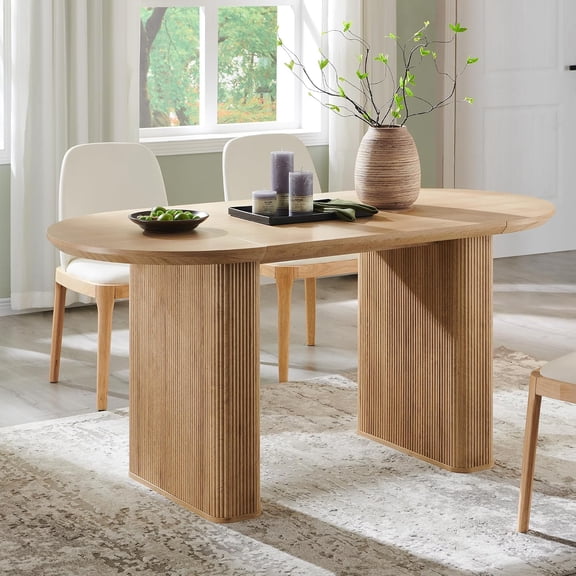 63" Fluted Oval Dining Table for 4-6, Mid-Century Modern Kitchen Table with Thickened Edge & Strip Pedestal Base, Wood Luxury Table for Dining Room/Kitchen/Home Office,Natural Oak(Table Only)