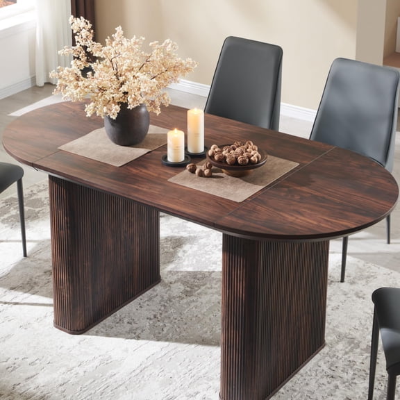 63" Fluted Oval Dining Table for Kitchen Living Room, Walnut