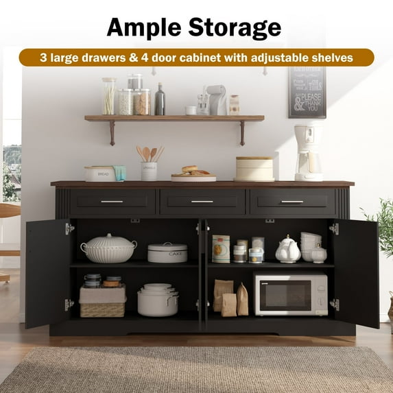 63" Fluted Sideboard Buffet Cabinet, Farmhouse Storage Console Table with 4 Doors & 3 Drawers - Coffee Bar Station for Dining Room, Kitchen, Entryway, Adjustable Shelves, Black