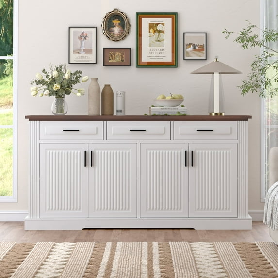 63" Fluted Sideboard Buffet Cabinet with Storage,Coffee Bar with 3 Drawers and 4 Doors, Long Wider Modern Accent Buffet Table with Adjustable Shelves for Kitchen, Dining Room,Living Room,White
