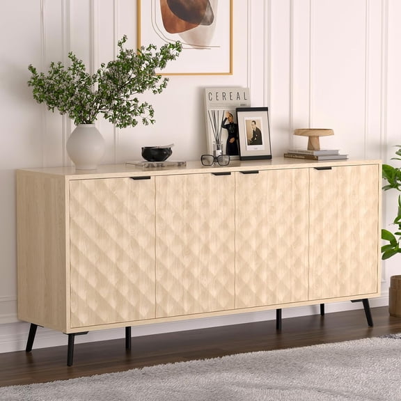 63" Fluted Sideboard Buffet Cabinet with Storage, Diamond Shaped Relief Storage Cabinet with 4 Doors and Adjustable Shelves for Living Room, Entryway, Hallway (Cream Yellow)