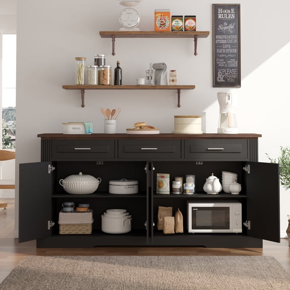 63" Fluted Sideboard Buffet Cabinet with Storage, Modern Coffee Bar Station with 4 Doors and 3 Drawers, Wood Kitchen Storage Console Table for Living Room Dining Room Entryway, Black