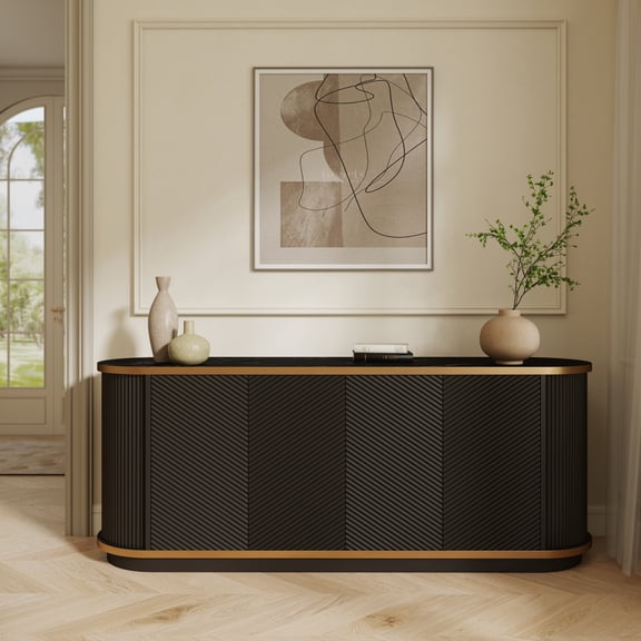 63" Fluted Sideboard Cabinet with Marble Top, 4 Door Buffet Credenza Storage, Push-to-Open Doors & Gold Trim TV Console, Black