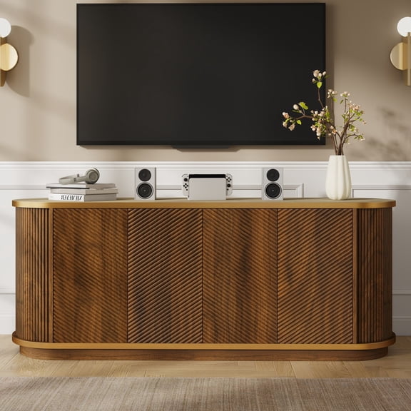 63" Fluted Sideboard Cabinet with Marble Top, 4 Door Buffet Credenza Storage, Push-to-Open Doors & Gold Trim TV Console, Brown