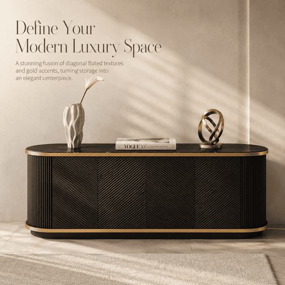 63" Fluted Sideboard Cabinet with Storage, Black Faux Marble Top