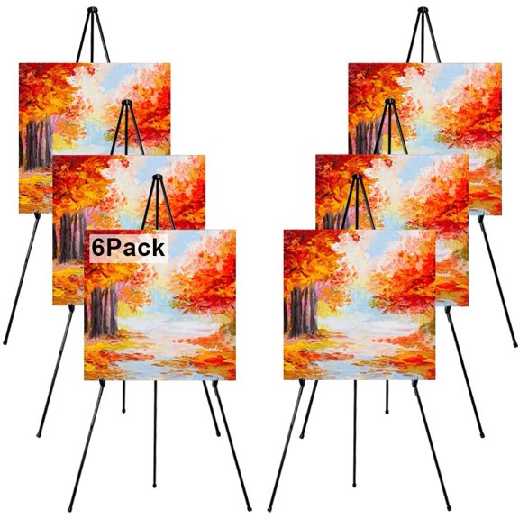 63" Folding Easel Stand for Display,Adjustable Floor Poster Easel for Arts,Pictures,Paintings,Telescoping Black Metal Easel Fit for Signs at Exhibition,Lobby,Holds 5lbs,6Pack