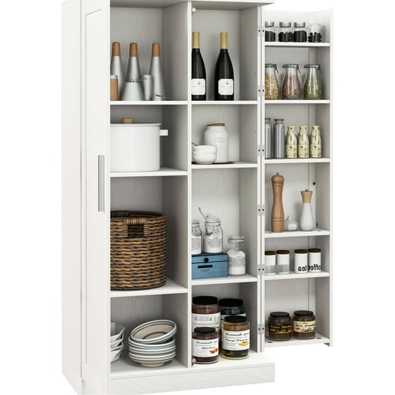 63" Freestanding Kitchen Cupboard, 14 Adjustable Shelves, 2 Doors, White For Living And Dining Cupboard With Shelves Doors & Room Beauty