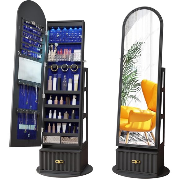 63" Full Length Mirror Cabinet with Storage - Rotating, Lockable Armoire with Lining, Standing Organizer for Women - Ideal for Storage & Display, Black