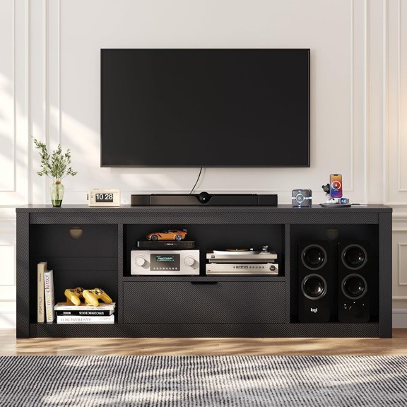 63" Gaming TV Stand with LED Lights & Power Outlet, Carbon Fiber Textured Entertainment Center with Drawer & Shelves, Media Console for 55/60/65/70 Inch TV
