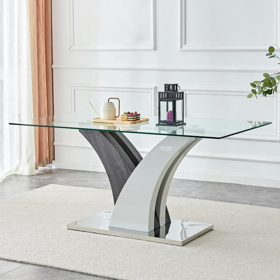 TesNus 63" Rectangular Glass Dining Table, 0.39" Tempered Glass Top with Artistic MDF Legs for Dining Room